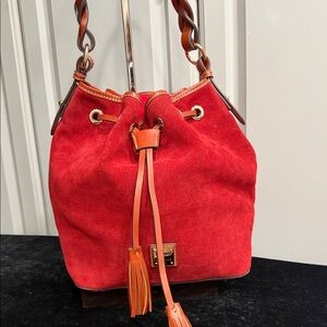 Dooney & Bourke Burnt Orange Suede Bucket Bag, Red Interior
